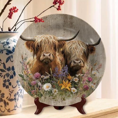 Twin Highland Cows Meadow Decorative Melamine Plate 11 Inch - Sign-10 Variation