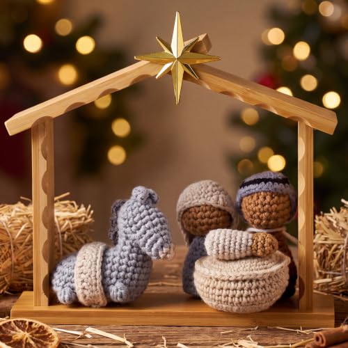Crochet Nativity Scene Set with Wooden Stable - Handmade Christmas Decor