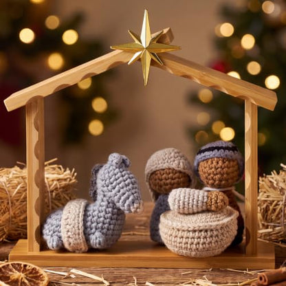 Crochet Nativity Scene Set with Wooden Stable - Handmade Christmas Decor