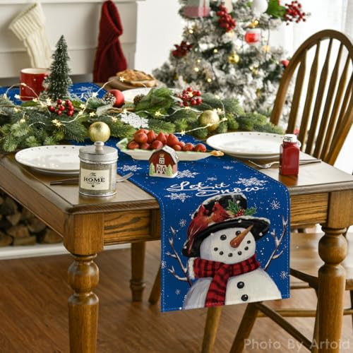 Snowman Winter Table Runner 13x36 Inch Blue Holiday Home Decor