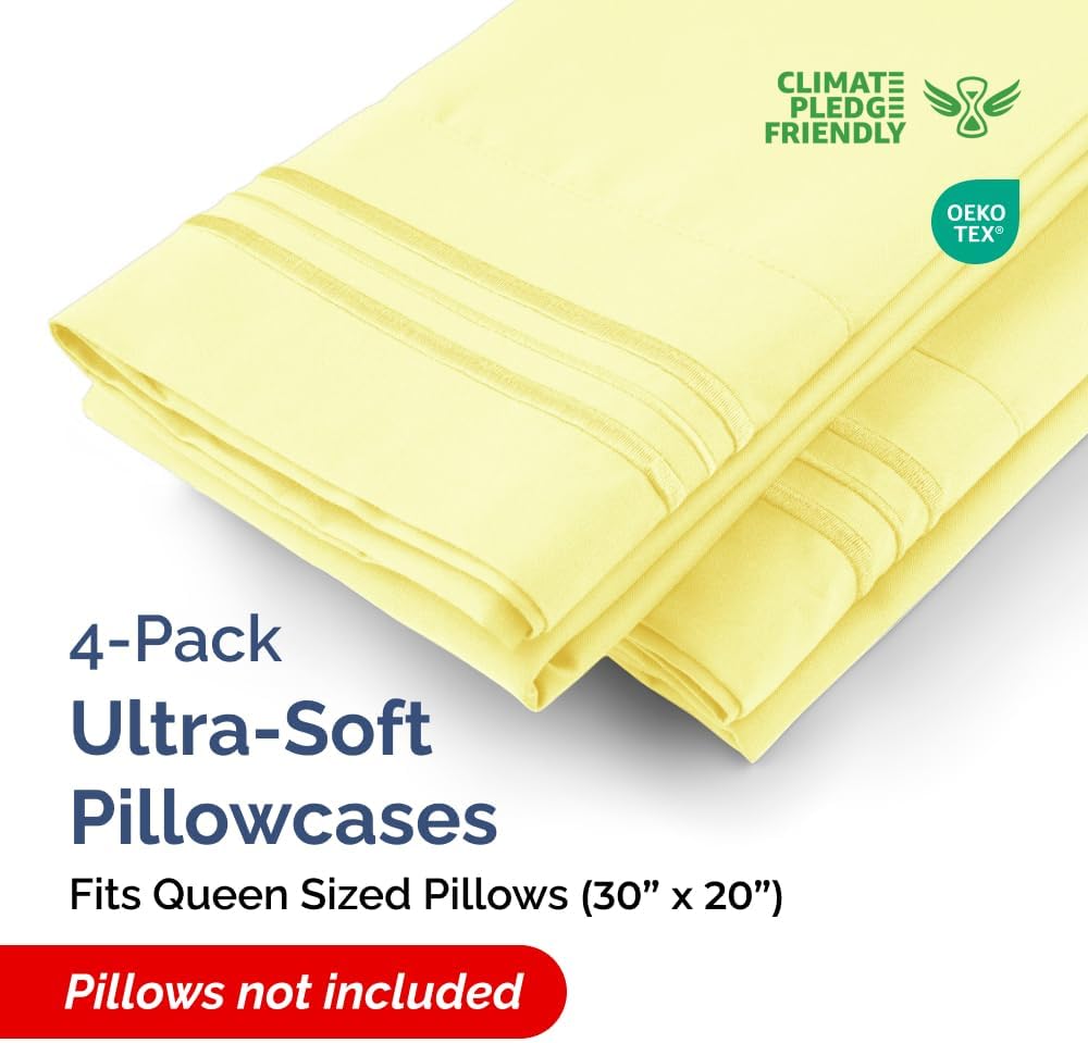 Queen Pillow Cases by [Brand Name] - Ultra Soft Hotel Quality Covers | Wrinkle-Free, Stain & Fade Resistant - 4 Piece Set in Yellow