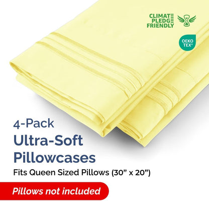 Queen Pillow Cases by [Brand Name] - Ultra Soft Hotel Quality Covers | Wrinkle-Free, Stain & Fade Resistant - 4 Piece Set in Yellow