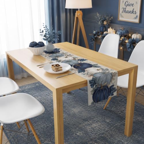 Fall Pumpkin Table Runner - Blue and White Thanksgiving Decor - Variation of Fall Pumpkin