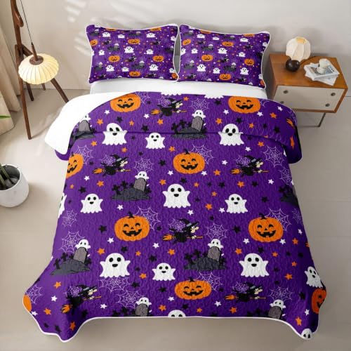 Halloween Quilt Set Black Purple Ghost & Pumpkin Bedding Twin Size with Pillowcases