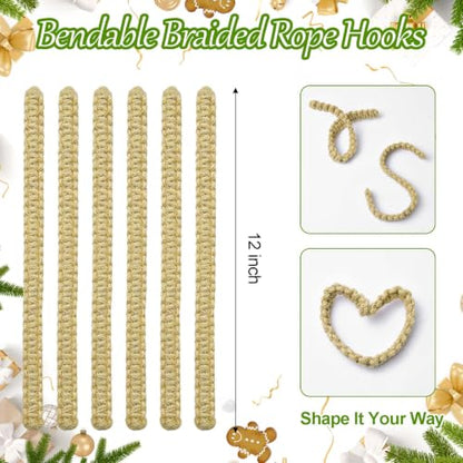 Set of 6 Rustic Jute Rope Christmas Stocking Holders - Flexible Mantle Hooks