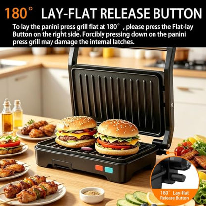 Black 3-in-1 Electric Panini Press Grill with Non-Stick Plates & Drip Tray