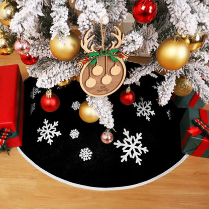 Black Burlap Christmas Tree Skirt with White Snowflakes - 23 Inch