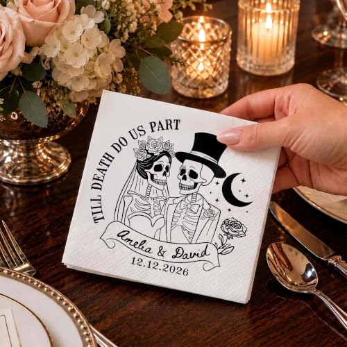 Personalized Gothic Skeleton Wedding Cocktail Napkins - Couple 1734 Halloween Wedding Decor