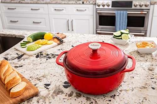 Lodge 6 Quart Enameled Cast Iron Dutch Oven with Lid – Dual Handles – Oven Safe up to 500° F or on Stovetop - Use to Marinate, Cook, Bake, Refrigerate and Serve – Island Spice Red