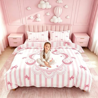 Pink Duvet Cover Set for Girls Teens Bow Initial Queen Size - Soft & Durable Bedding