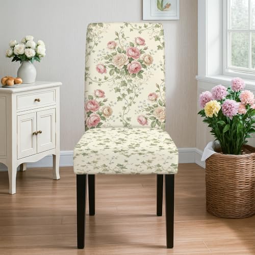 Cream Rose Chair Cover for Dining Chairs Vintage Floral Spring Washable Slipcover 1PCS