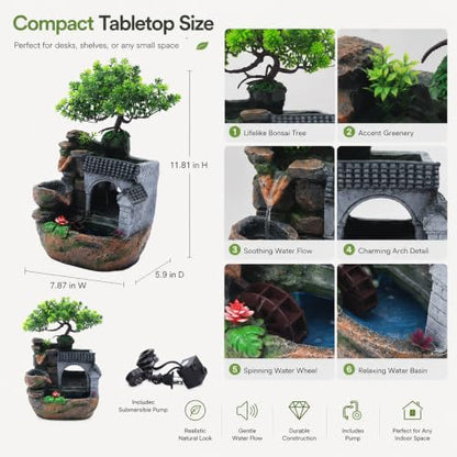 Indoor Tabletop Water Fountain with LED Lights - 11.8 Inch Relaxing Desk Decor