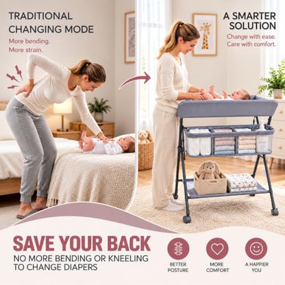 Baby Changing Table with Wheels, Portable Foldable Diaper Station, Adjustable Height Nursery Organizer