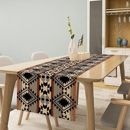 Aztec Southwest Table Runner, Ethnic Geometric Design, 13x60 Inch — Tribal Decor for Farmhouse & Holiday Dinner