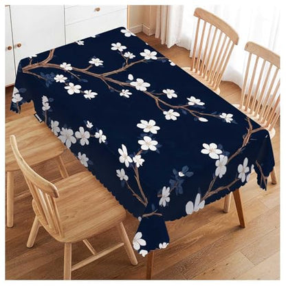 Cherry Blossoms Tablecloth 52x70 Inch Rectangular Navy Blue & White Flower Design - Wipeable Kitchen Dining Decor
