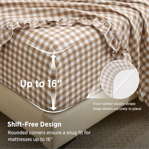 Bedsure Queen Size Gingham Bed Sheet Set with Ruffled Edges - Brown Farmhouse Style, 4 Piece