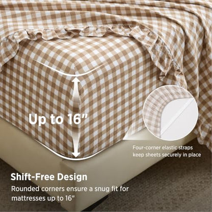 Bedsure Queen Size Gingham Bed Sheet Set with Ruffled Edges - Brown Farmhouse Style, 4 Piece