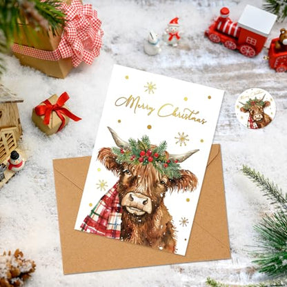 Highland Cow Christmas Greeting Cards Set - Gold Foil Snowflake Watercolor Holiday Note Cards with Envelopes & Stickers - Highland Cow Variation 1
