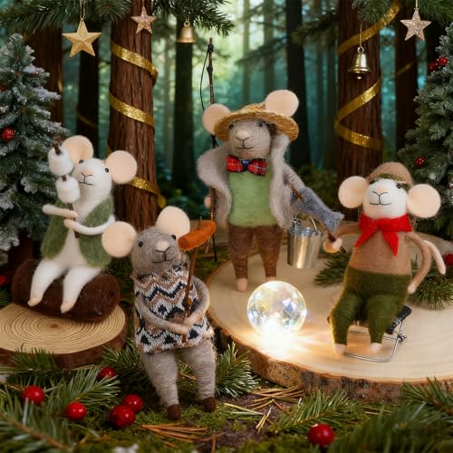 Christmas Felt Mouse Ornaments Set of 4 - Holiday Wool Decorations for Tree Wreath Gift