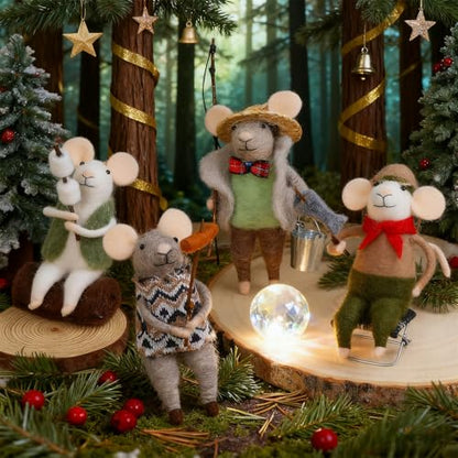 Christmas Felt Mouse Ornaments Set of 4 - Holiday Wool Decorations for Tree Wreath Gift