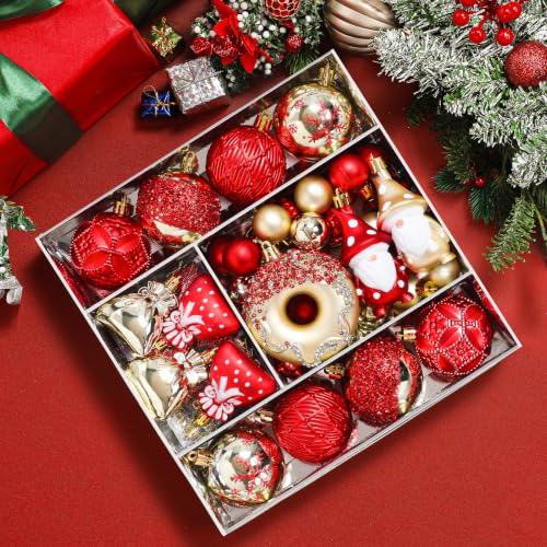 60pcs Christmas Ornaments Set - Shatterproof Plastic Decor, Red & Gold