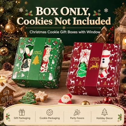 12 Pack Christmas Cookie Boxes with Window & Gold Band - Small 6x6x2.5 Inches, Multi Colors