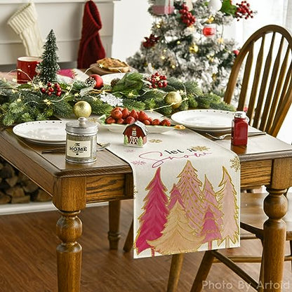 Xmas Tree Winter Table Runner 13x36 Inch Pink Holiday Home Decor