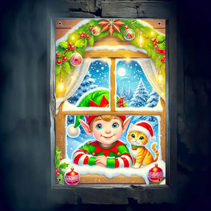 Elf Cat Christmas Window Banner - Fabric 31x47 Inch - Color 3