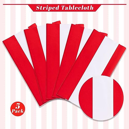 Kesfey Red Horizontal Striped Carnival Tablecloth 5 Pack - 54x108 Inch