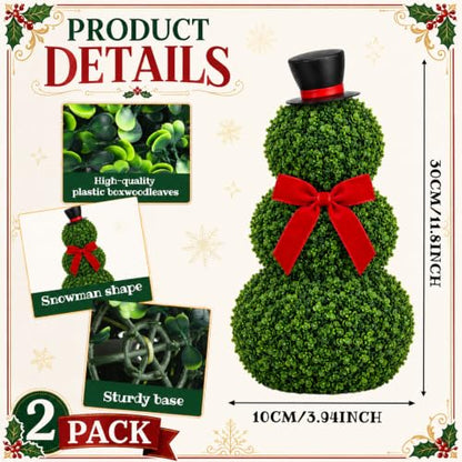 Christmas Snowman Topiary Decor Set - 2 Artificial Holiday Plants, 11.8"
