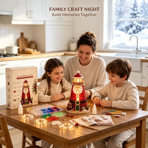 DIY Lighted Christmas Lighthouse Kit with Sea Glass Style Pieces & LED Lights - Variation B