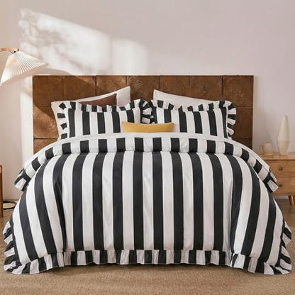 King Size Cotton Comforter Set Black & White Wide Stripes Ruffled Edges - All Seasons