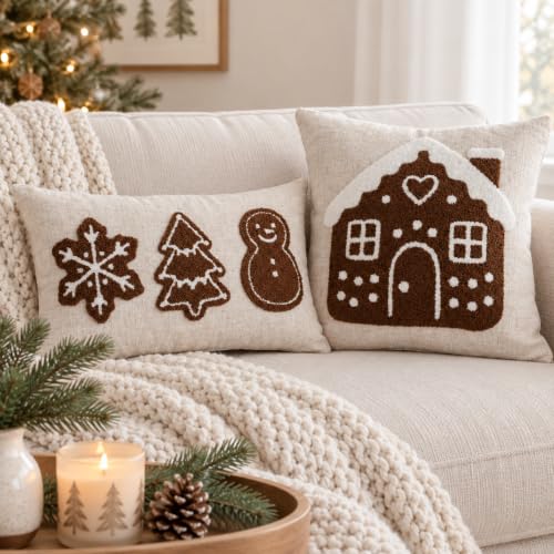 Gingerbread House Christmas Throw Pillow Cover 18x18 - Brown & White, Pack of 1