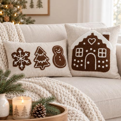 Gingerbread House Christmas Throw Pillow Cover 18x18 - Brown & White, Pack of 1
