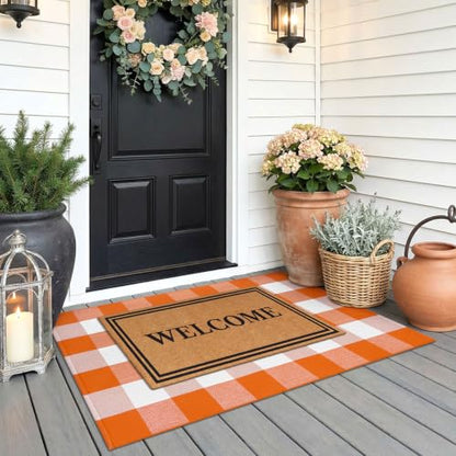 KOZYFLY Buffalo Plaid Door Mat - Halloween Orange White Rectangular 2'4" x 3'7"