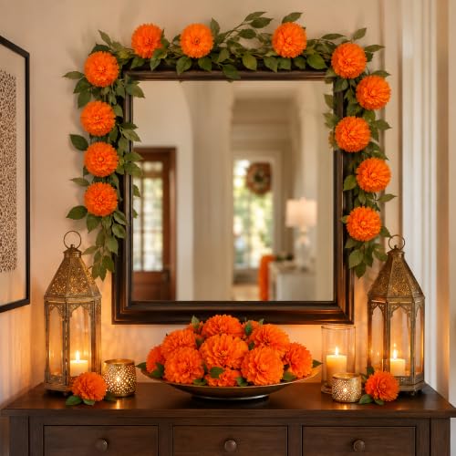 Artificial Marigold Flowers Heads for Dia De Los Muertos Decorations - Orange, Bulk 30pcs
