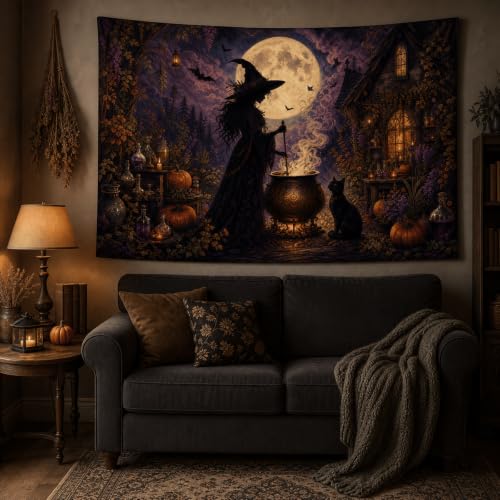 Halloween Witch Cauldron Wall Tapestry - 40x30 Inches Gothic Moonlit Decor