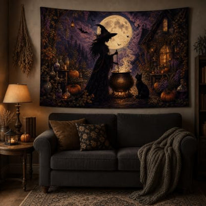 Halloween Witch Cauldron Wall Tapestry - 40x30 Inches Gothic Moonlit Decor