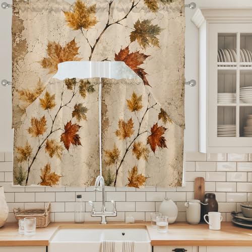 Brown Sienna Fall Maple Leaf Window Valance and Tier Curtains Set - 3 Pieces, 27.5W x 36L