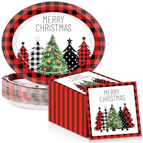 Christmas Buffalo Plaid Tree Paper Plates & Napkins Set - 25 11-Inch Red Black Checkered Party Supplies