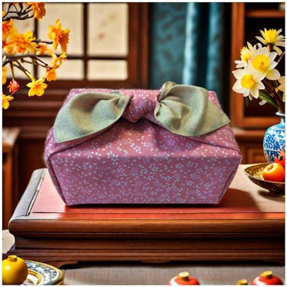 Large Reversible Furoshiki Japanese Wrapping Cloth 27.6 Inch Cherry Blossom Design Leaf Green & Pink - Eco Gift Wrap & Bento Bag