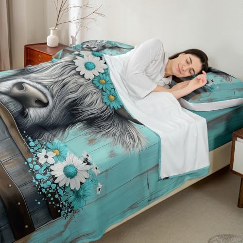 Queen Size Highland Cow Kids Sheet Set with Deep Pockets - Gray & Light Blue