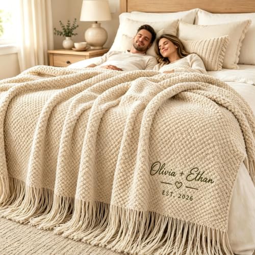 Personalized Couples Blanket with Embroidered Names & Date - Wedding Gift, Cozy Throw for Bed & Sofa