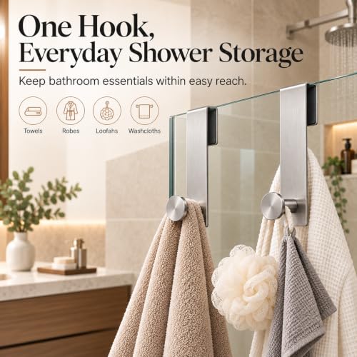 7.5 Inch Frameless Glass Shower Door Hooks Set of 2 Brushed Nickel - Adjustable Towel & Robe Hangers