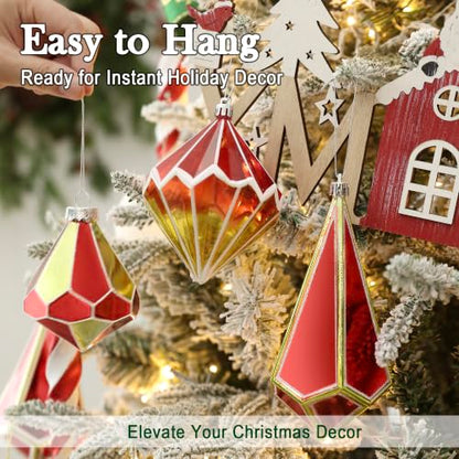 Christmas Tree Ornaments Set - Red and Gold Geometric Shatterproof Decorations, 9 pcs - Holiday Home Decor