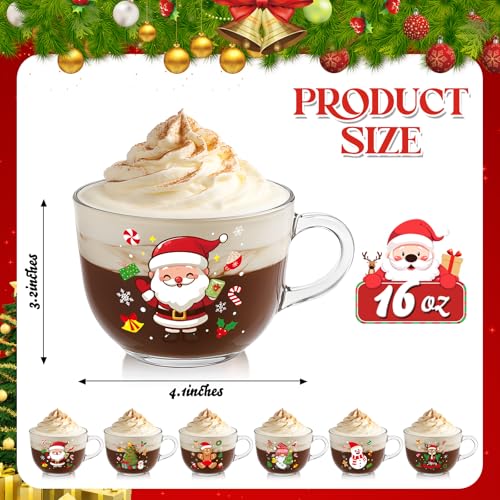 6 Pcs Christmas Glass Coffee Mugs Set - Multi Style Holiday Drinkware