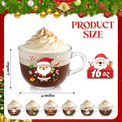 6 Pcs Christmas Glass Coffee Mugs Set - Multi Style Holiday Drinkware