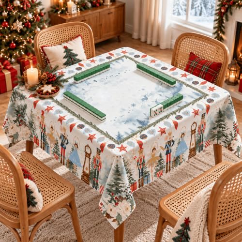 55 Inch Christmas Mahjong Tablecloth with Watercolor Nutcracker Design
