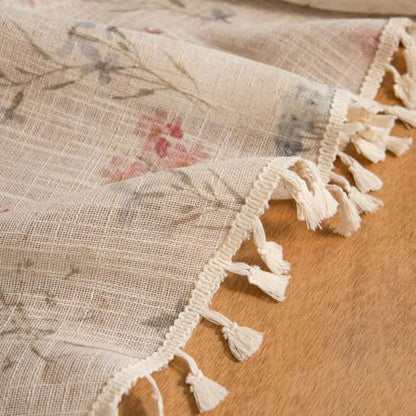 Beige Linen Farmhouse Floral Curtains Set - 2 Panels, 52x84 Inches, Boho Decor