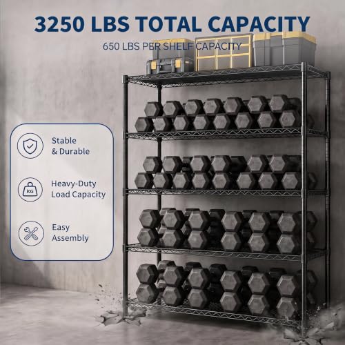 Garvee 70.87" Metal Shelving with Wheels, 5-Tier Wire Storage Rack, Heavy Duty